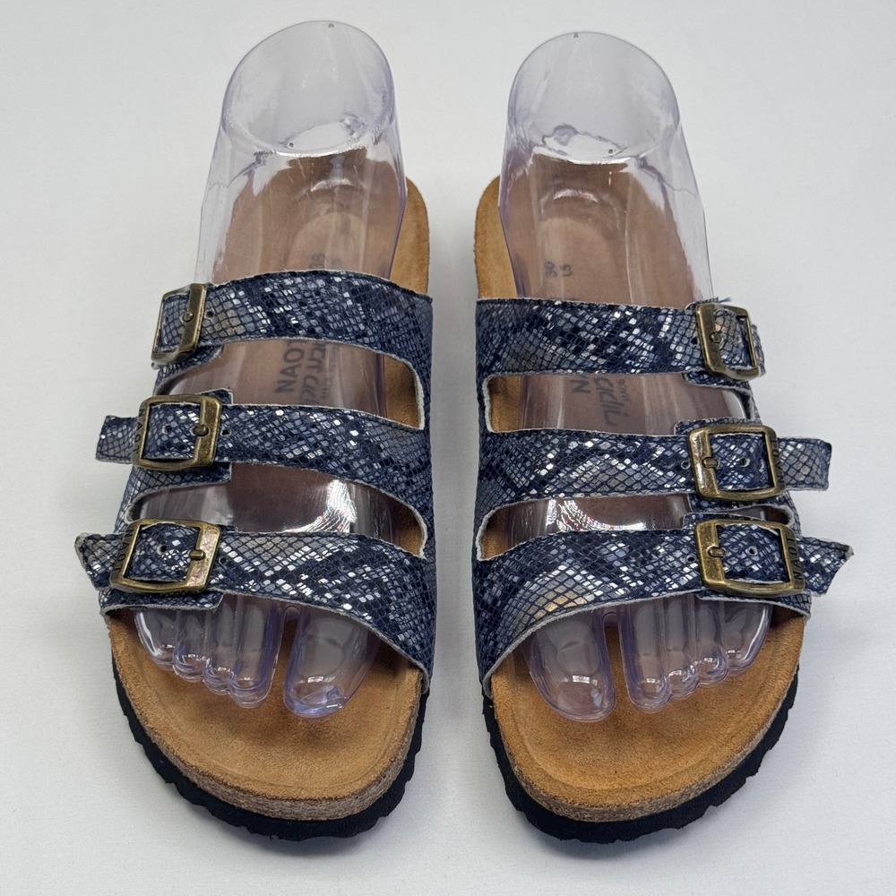 Naot Austin Navy Snakeskin Leather Triple Buckle Slide Sandals EU36 US5